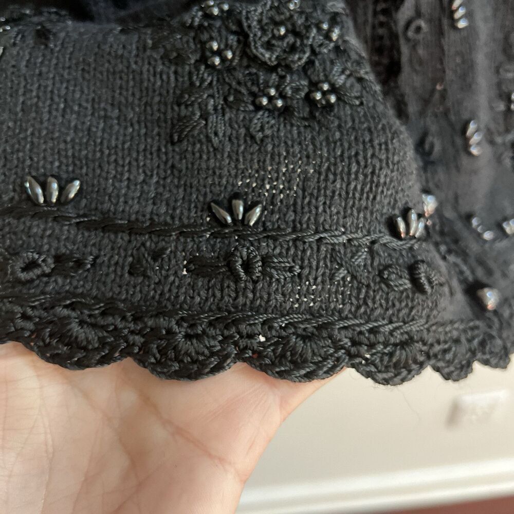 Vtg Black Knit Sweater Grandma Beaded Embroidery Flowers XL Grandma Yarnworks - Picture 6 of 12